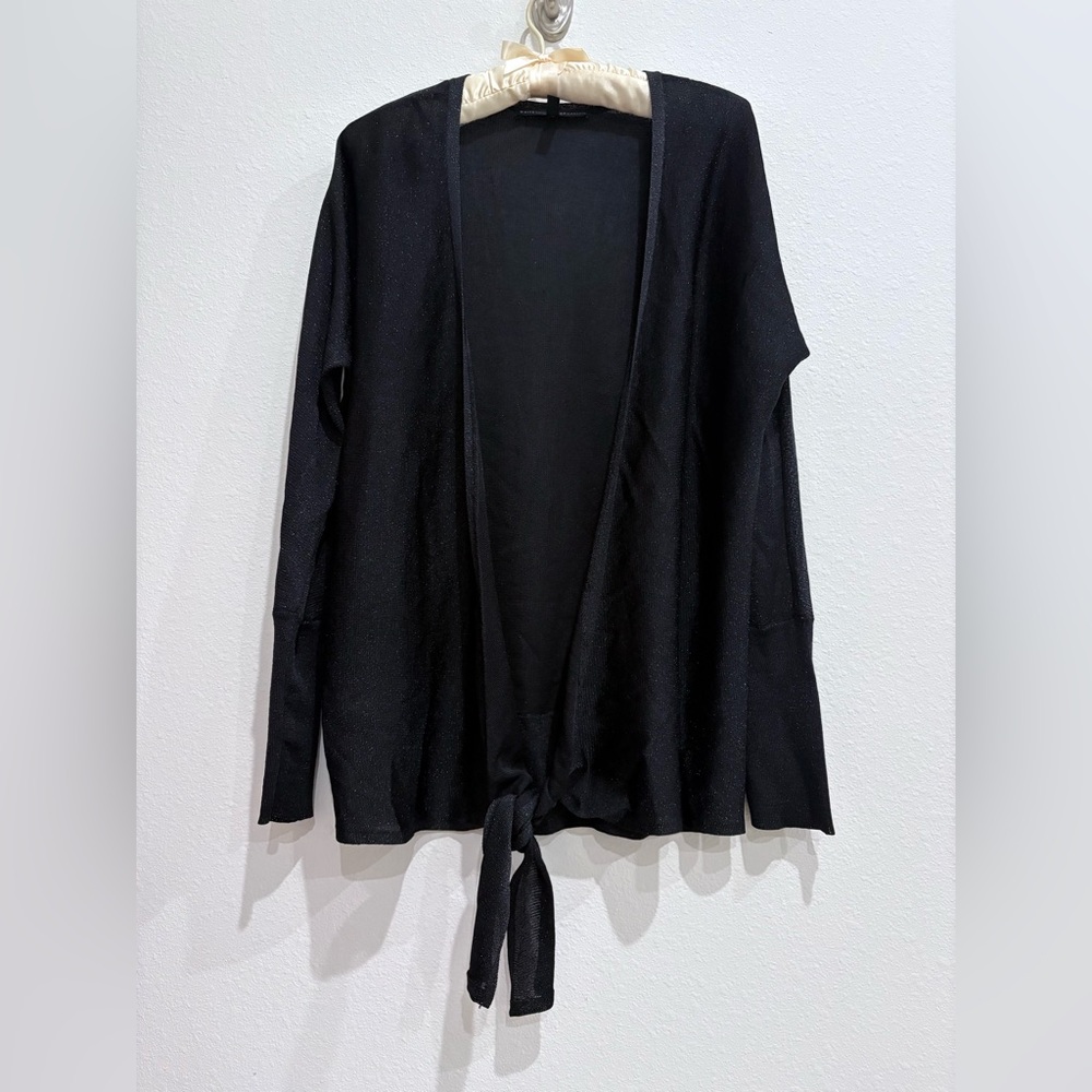 White House Black Market WHBM Women’s Black Sparkle Tie-Front Cardigan, M, EUC